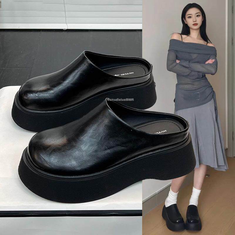 香港真皮厚底包头半拖女2025春夏新款圆头软底增高一脚蹬外穿拖鞋