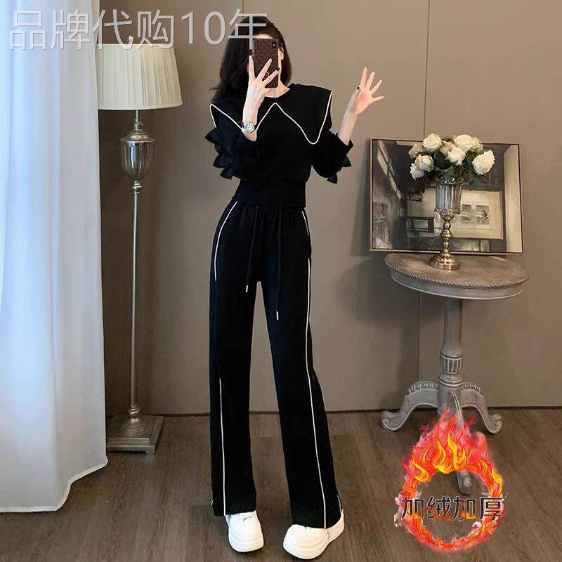 潮牌高级感加绒加厚厚棉T套装女2025秋冬季新款运动厚棉裤休闲 两