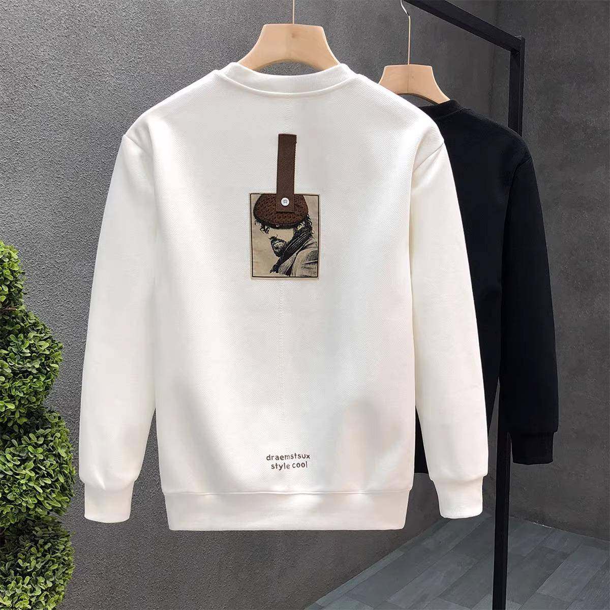 潮牌秋冬款加绒加厚圆领卫衣男士痞帅套头打底衫休闲白色长袖T恤