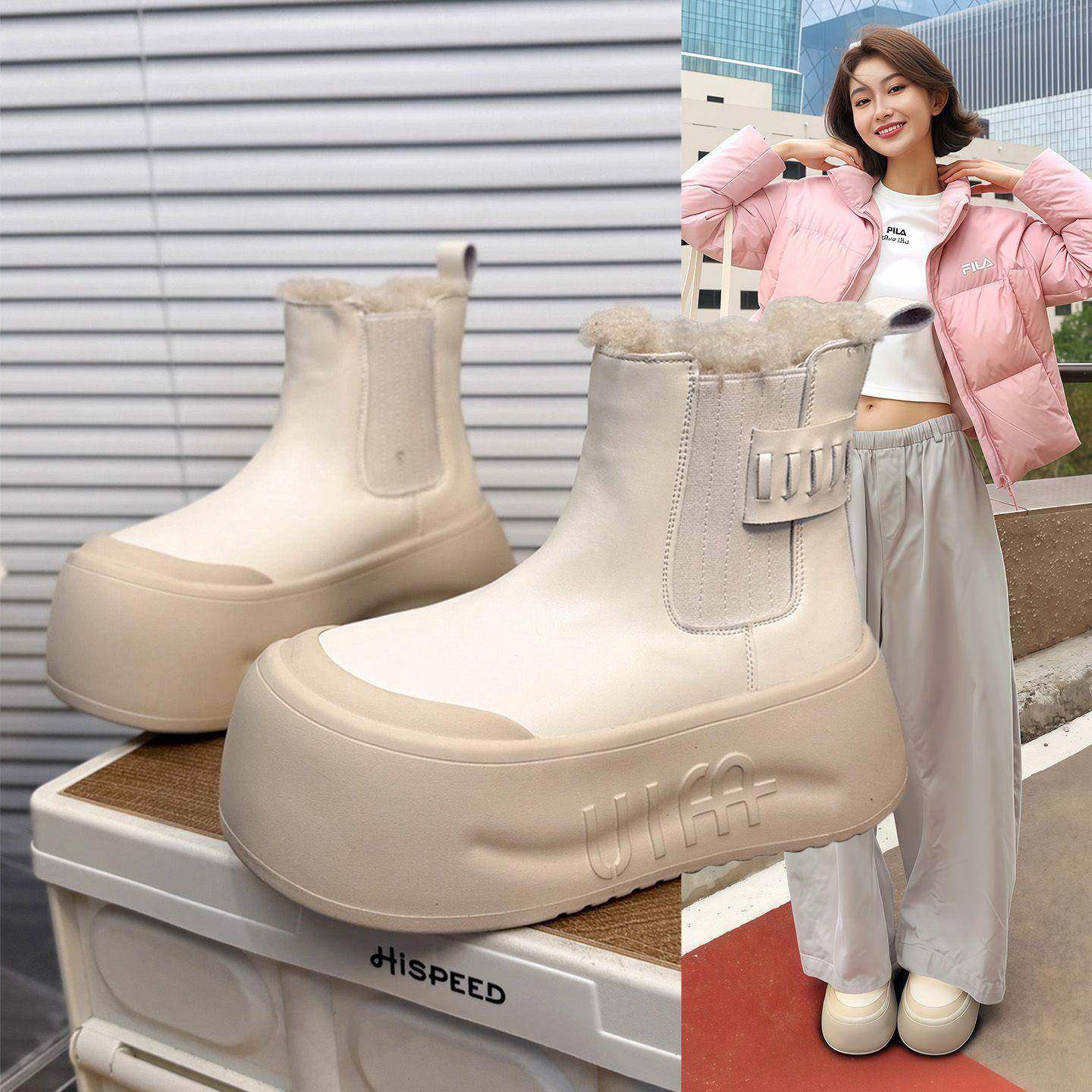 香港真皮松糕厚底加绒雪地靴女2025秋冬新款毛毛口大头短靴马丁靴