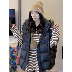 黑色连帽羽绒棉马甲女士冬季欧货面包棉服保暖背心马夹坎肩厚外套