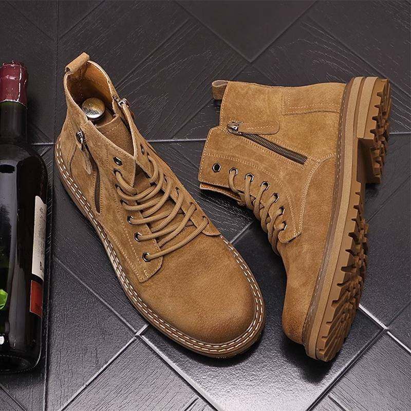 马丁靴男款高帮真皮英伦风侧拉链厚底复古内增高休闲磨砂皮短靴男