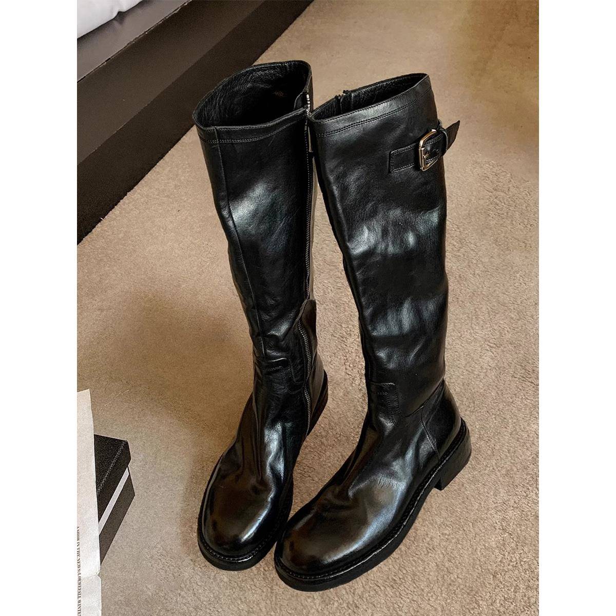 香港真皮厚底长筒靴女2025年英伦风骑士靴覆古显瘦侧拉炼高筒靴子