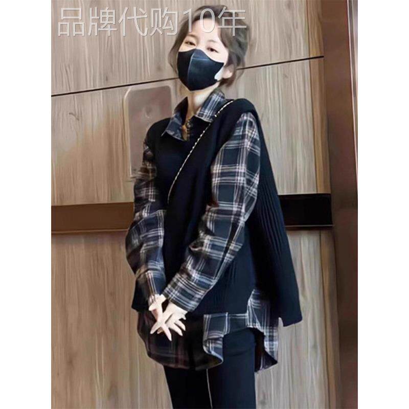 时尚套装格子衬衫针织马甲两件套女秋冬欧货宽松显瘦大码上衣套装