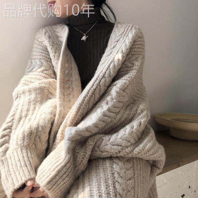 针织开衫女春秋冬欧货慵懒风加厚上衣复古中长款过膝麻花毛衣外套