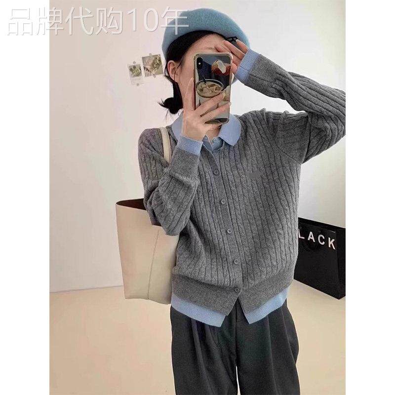 灰色polo领长袖麻花假两件针织毛衣女秋冬欧货撞色内搭打底衫上衣