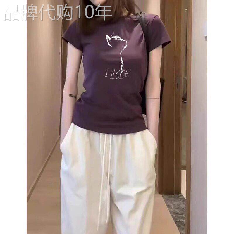 紫色圆领修身纯棉短袖T恤女欧洲站2025夏季新款百搭简约T恤上衣