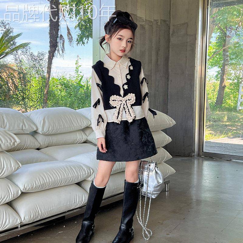 Fad Sincgo女童蝴蝶结衬衫裙2025新款春秋小香风拼接洋派时髦短裙