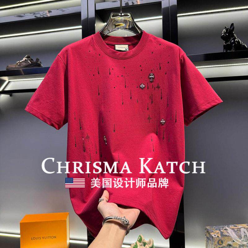 出口美国⭐Chrisma Katch~美式高端烫钻圆领短袖轻奢宽松欧货半袖