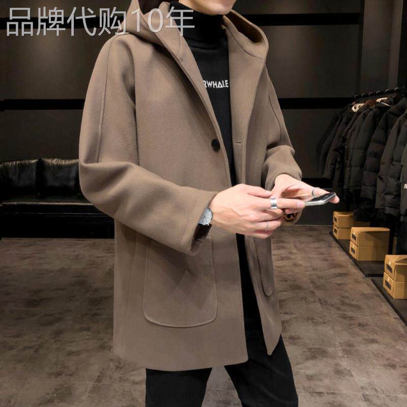 风衣外套男秋冬韩版潮流休闲帅气加棉加厚中长款连帽宽松毛呢大衣