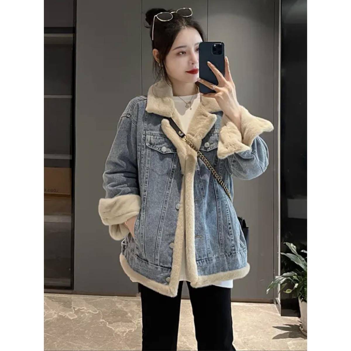 欧洲站两面穿牛仔外套女冬季新款百搭宽松小个子短款加绒保暖棉服