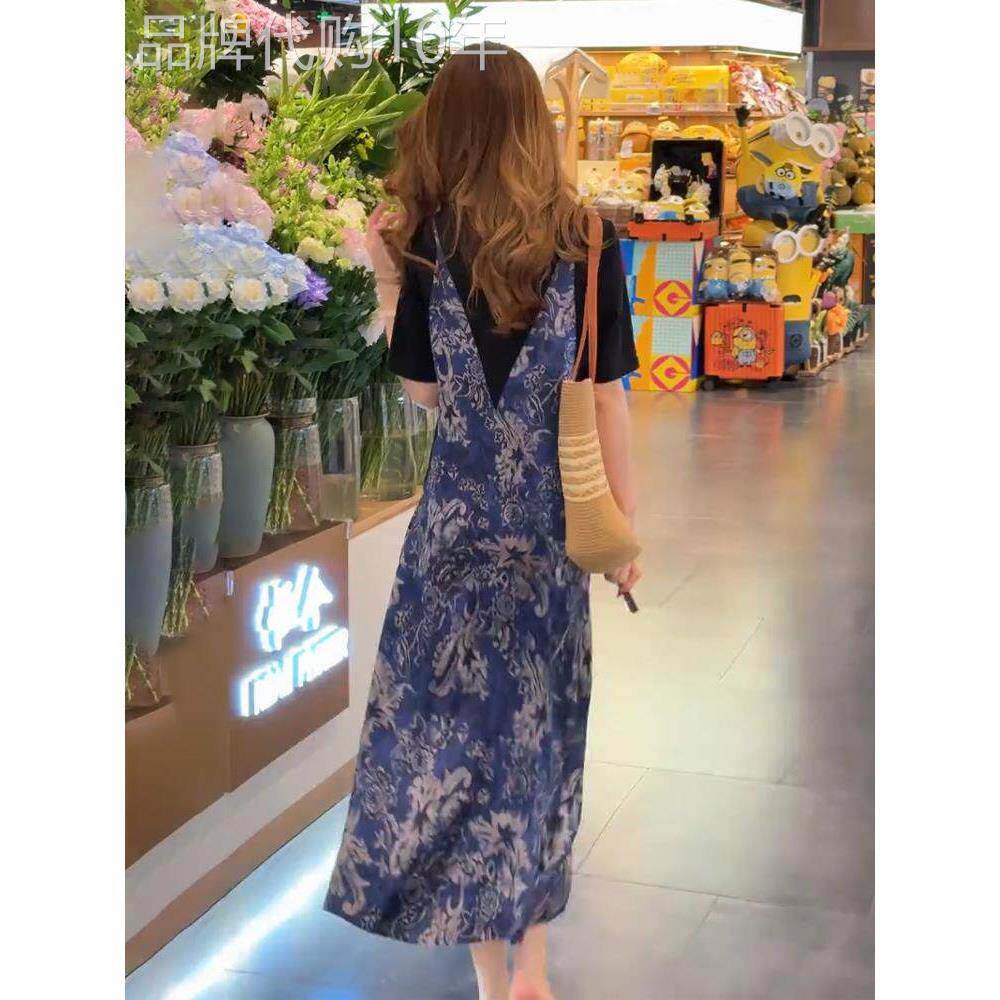 高端设计法式时尚印花连衣裙假两件套夏季新款宽松大码女士裙