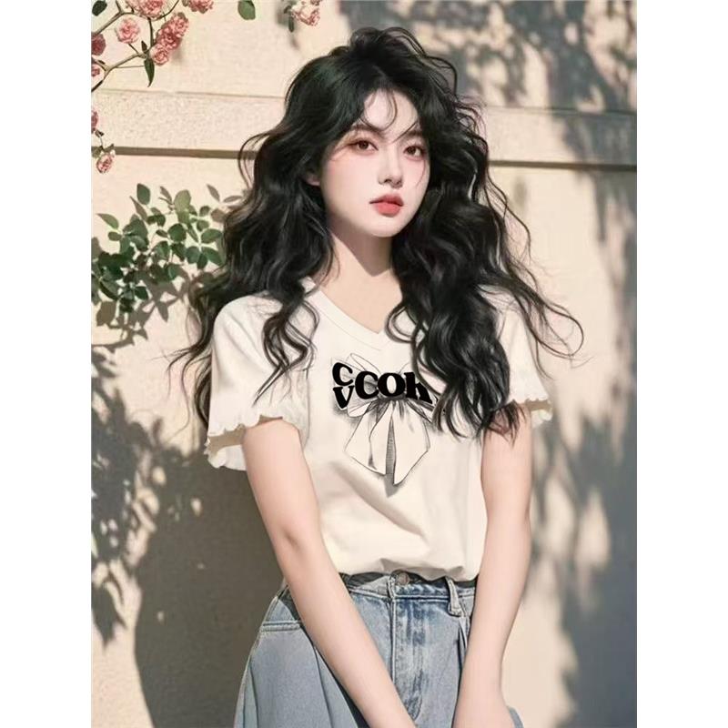 纯棉短袖t恤女夏季正肩辣妹显瘦V领设计感小众木耳边短款文艺上衣