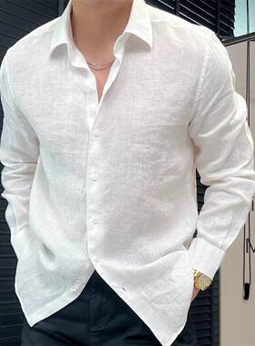 春夏季高级感防晒亚麻纯色长袖衬衫男新款宽松薄款百搭白色衬衣