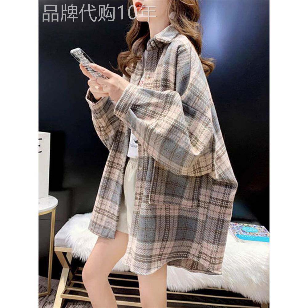 覆古港味磨毛加厚中长款格子衬衫外套女秋冬新款宽松休闲百搭上衣
