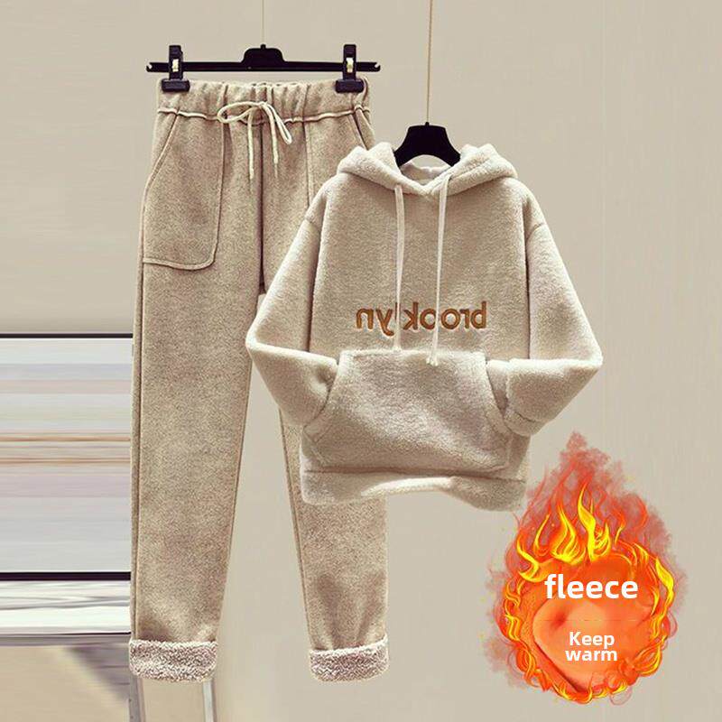 潮牌时尚套装女2025秋冬季加绒加厚休闲运动服彷羊羔毛卫衣两件套