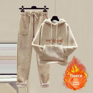 潮牌时尚套装女2025秋冬季加绒加厚休闲运动服彷羊羔毛卫衣两件套