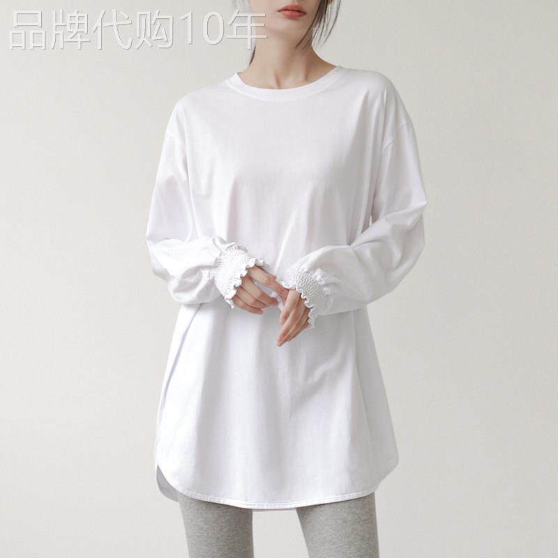 白色纯棉长袖T恤女早秋2025新款不规则圆弧摆打底上衣设计感小众