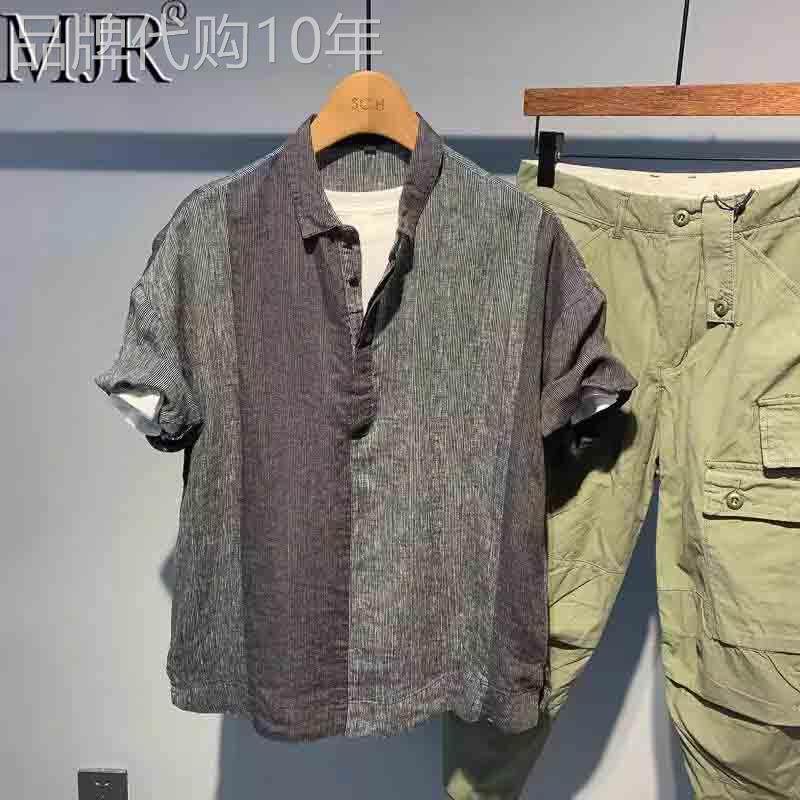 潮牌复古亚麻短袖衬衫男士夏季薄款宽松大尺码衬衫男款拼接休闲上