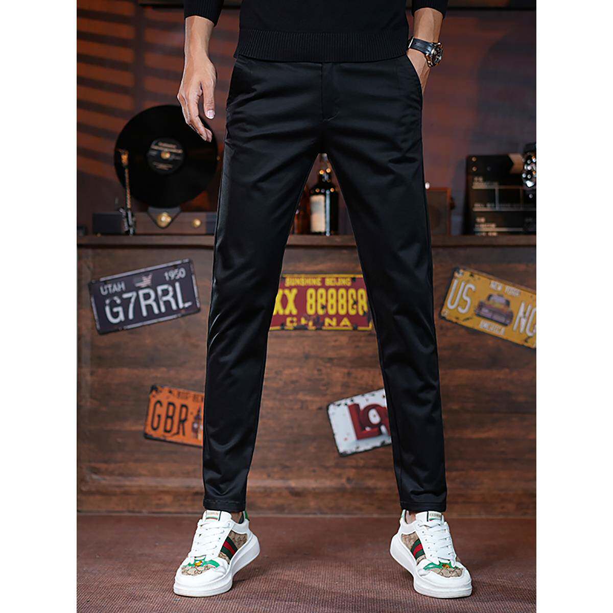 意大利高端轻奢秋冬黑色休闲裤男修身小脚弹力商务西装裤子时尚