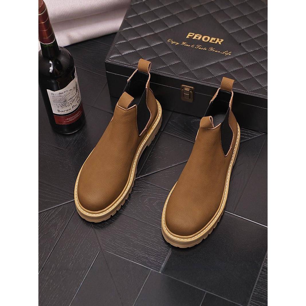 潮牌切尔西靴男真皮高帮英伦百搭覆古短靴子休闲皮鞋一脚蹬马丁靴