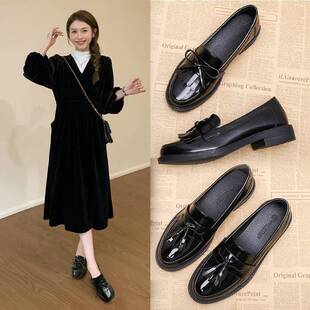 香港英伦小皮鞋女日系黑色平底软真皮单鞋学生制服jk一脚蹬乐福鞋
