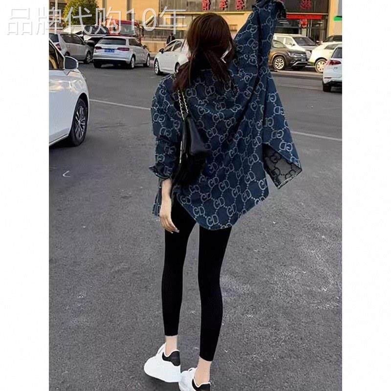 小香风牛仔外套女春秋欧货提花满印衬衫潮牌衬衫覆古工装夹克上衣