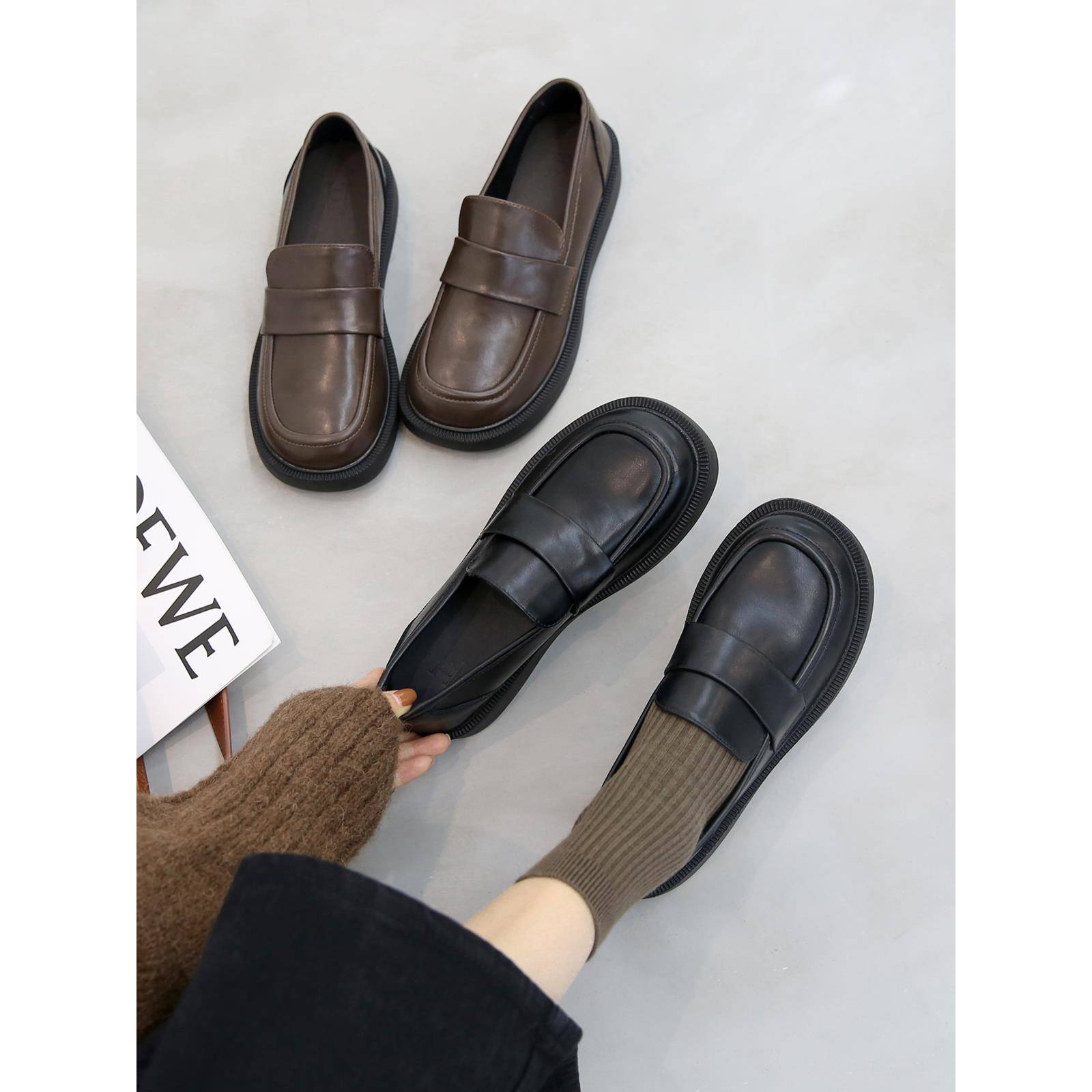 香港厚底真皮乐福鞋女软羊皮2025春秋新款懒人单鞋学院风JK小皮鞋