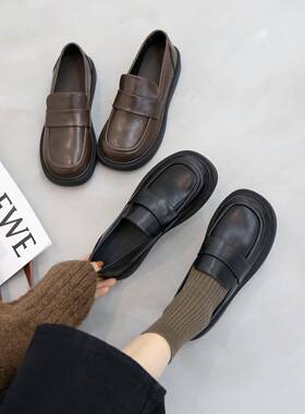 香港厚底真皮乐福鞋女软羊皮2025春秋新款懒人单鞋学院风JK小皮鞋