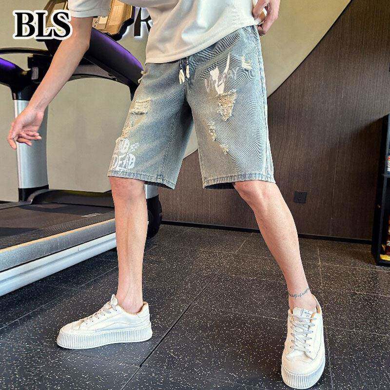 高端破洞牛仔短裤男款夏季薄款2026新款痞帅透气直筒休闲五分五分