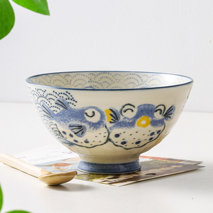 小鹿田烧日本进口卡通河豚一家三口米饭碗组合可爱儿童日式 餐具