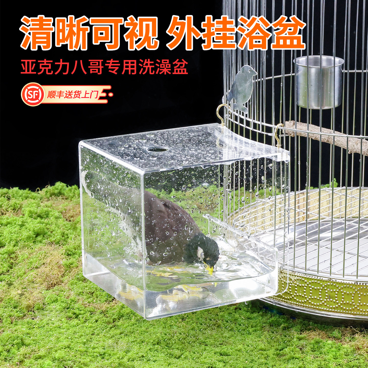 亚克力八哥洗澡盆圆笼方笼专用大号鹩哥画眉冲凉神器透明鸟笼配件
