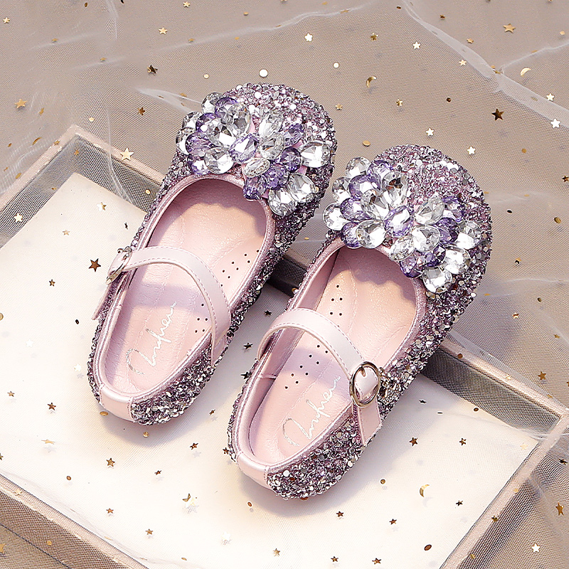 真皮女童水晶鞋紫色皮鞋