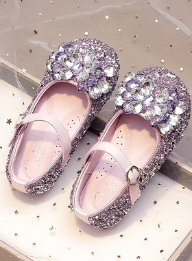 真皮女童水晶鞋2025新款儿童艾莎公主鞋春秋小女孩软底紫色小皮鞋