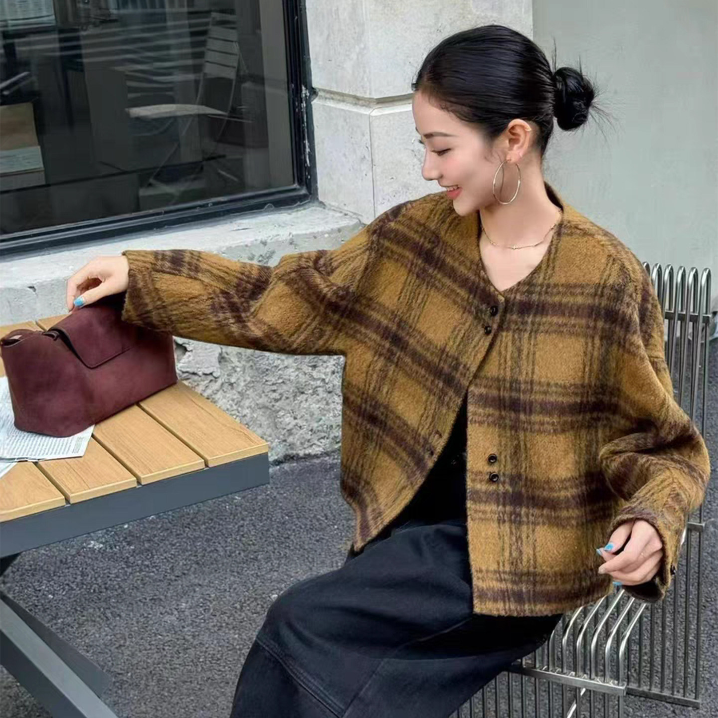 韩系格子双面羊毛大衣女短款2026新款高级感百搭显瘦羊毛呢外套