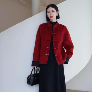 新中式红色双面羊绒大衣女短款2025新款立领盘扣国风气质毛呢外套
