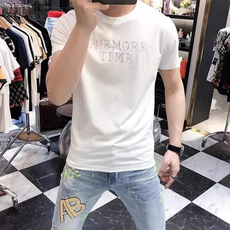 2025夏季新款短袖T恤男士潮牌字母印花修身圆领个性百搭时尚上衣