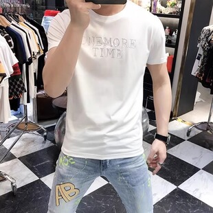 2025夏季新款短袖T恤男士潮牌字母印花修身圆领个性百搭时尚上衣