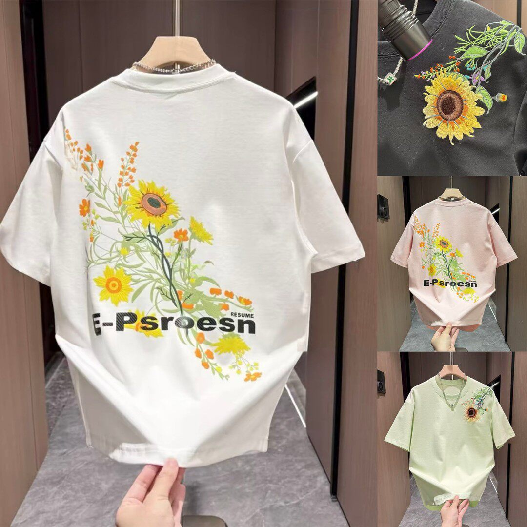 夏季新款潮牌向日葵印花刺绣圆领短袖男时尚百搭痞帅ins休闲上衣 - 实物图