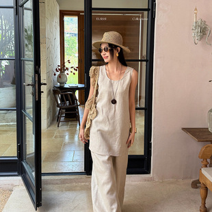 爱姐ELSISSI休闲风天丝麻开叉背心女夏外穿白色显瘦无袖 上衣