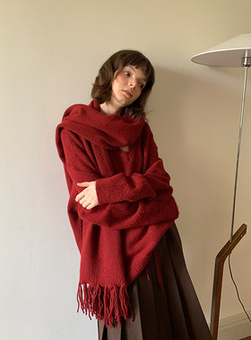 UNITY MODE【四色】羊毛V领围巾毛衣女冬季设计感宽松上衣