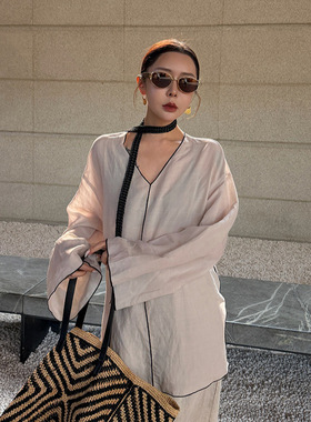 爱姐ELSISSIv领宽长袖休闲风上衣女春季女装高级感气质天丝白衬衫