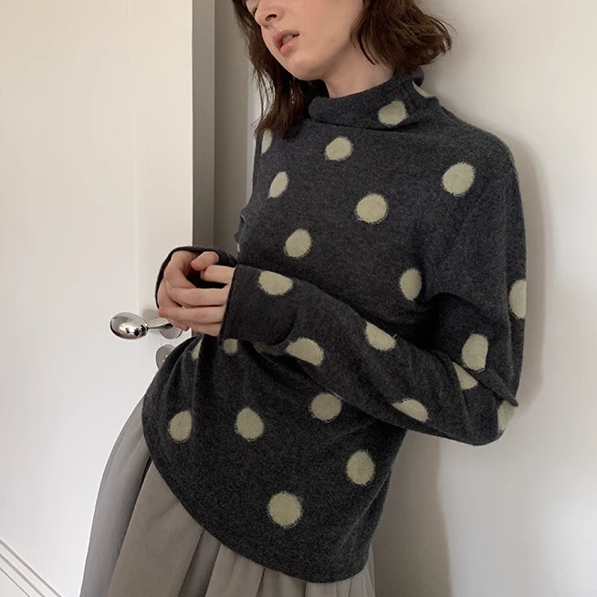 UNITY MODE 100%羊毛16针波点高领内搭针织衫女冬季修身上衣53001