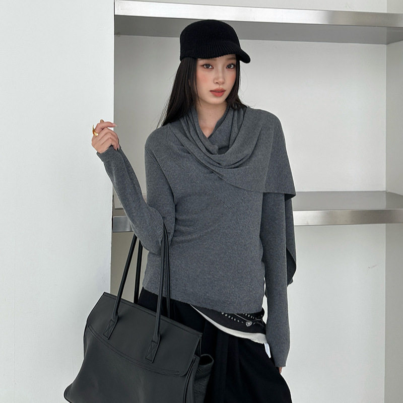 ELSISSI爱姐法式荡领披肩羊毛针织衫女2025慵懒风减龄款打底上衣