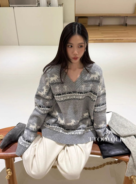 现货MAR  TT早春新款2446休闲宽上衣松慵懒风v领长袖费尔岛毛衣女