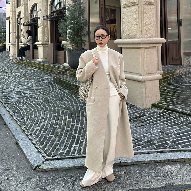 elsissi极简无领西服羊毛大衣2025秋冬高级感加长款毛呢外套女