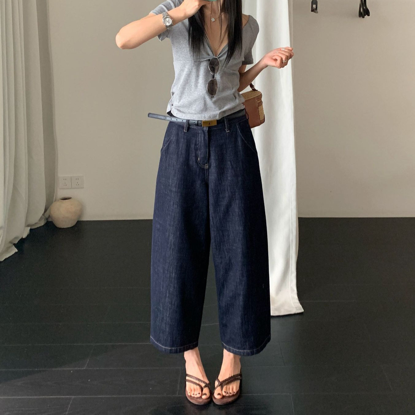 MAR      夏薄TOP十三行老钱风气球裤天丝亚麻牛仔裤配腰带61811