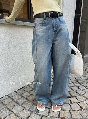 MAR    [T台] 2026春季新款阔腿裤水洗磨白做旧牛仔裤女1603