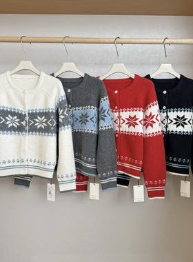 现货MAR  TG新年红费尔岛民族风雪花提花软糯圆领毛衣开衫女26060