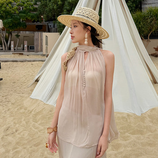 v领挂脖飘带上衣女宽松休闲雪纺衫 爱姐ELSISSI韩系时尚 甜美无袖